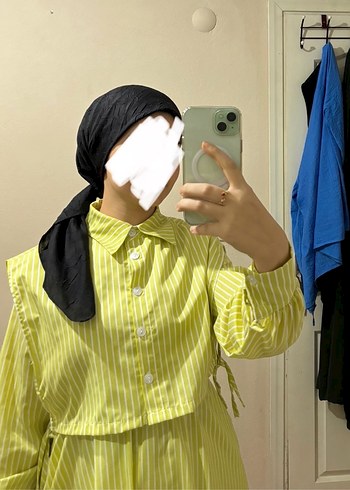 Beli Lastikli Yelekli Çizgili Elbise - Görsel 3