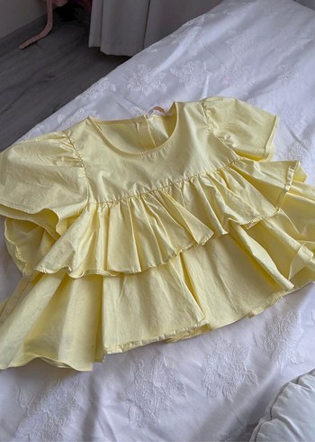 Sarı Kısa Kollu Fırfırlı Keten Bluz - Görsel 3