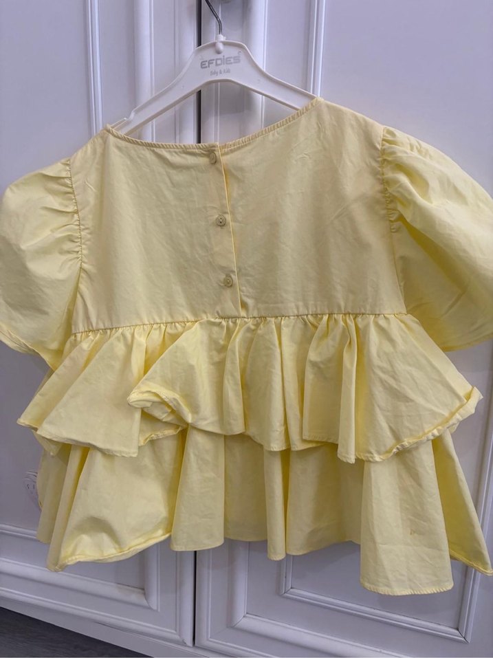 Sarı Kısa Kollu Fırfırlı Keten Bluz - Görsel 2