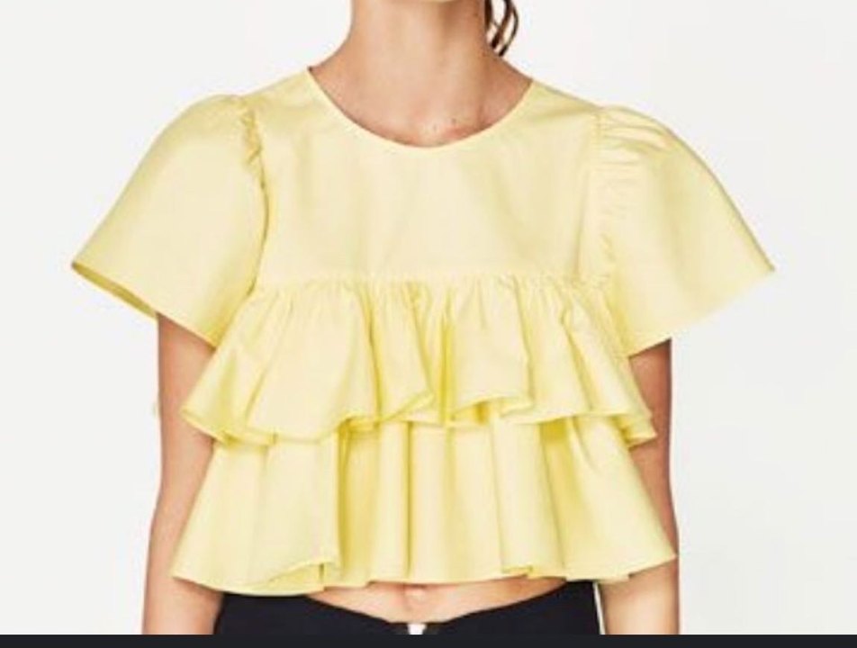 Sarı Kısa Kollu Fırfırlı Keten Bluz - Görsel 4