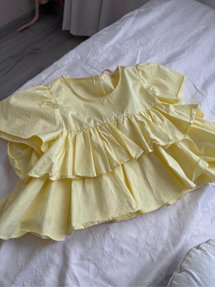 Sarı Kısa Kollu Fırfırlı Keten Bluz - Görsel 3