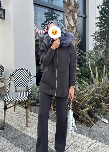 Gri Kapüşonlu Tüylü Kadın Eşofman Takımı