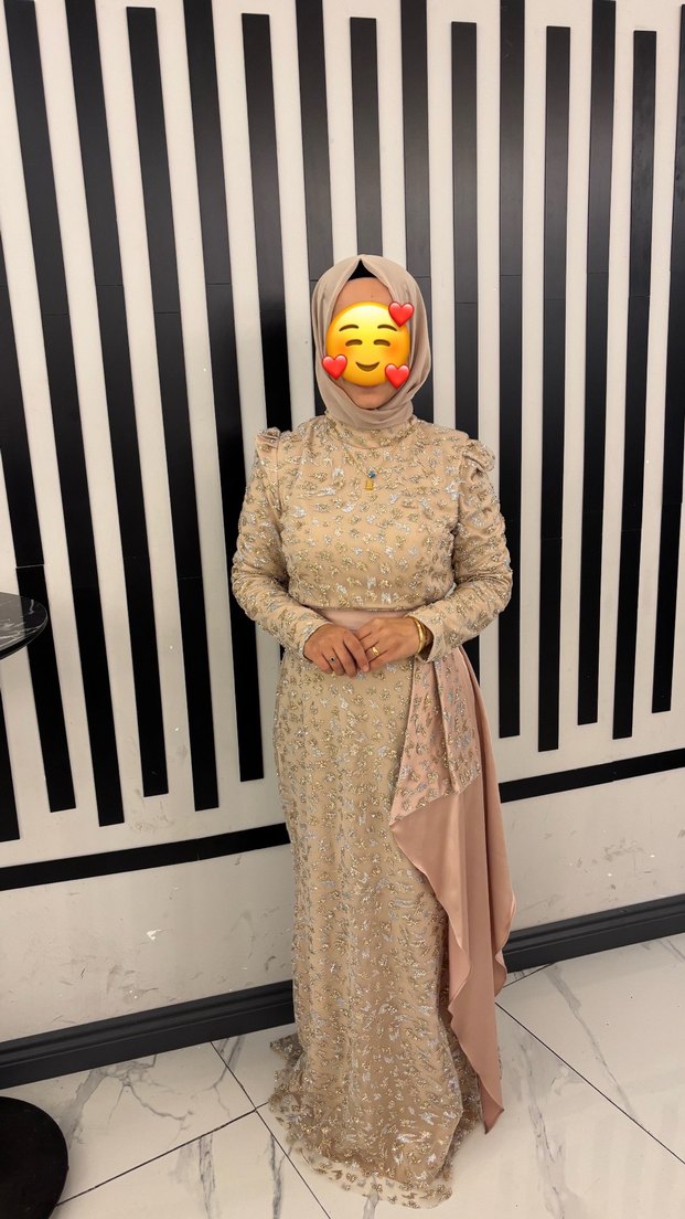 Uzun Bej Etnik Desenli Drapeli Abiye Elbise - Görsel 2