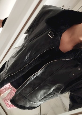 Siyah Deri Kürklü Biker Kadın Ceket
