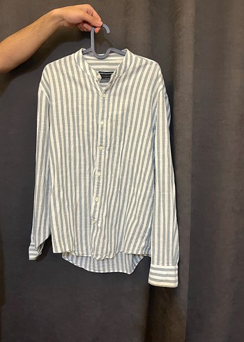 Gri Beyaz Çizgili Erkek Keten Gömlek Mudo Collection