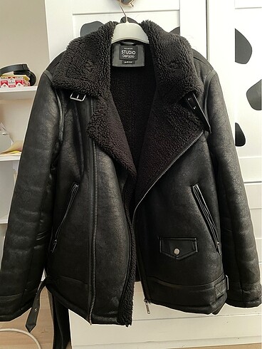 Kürklü Deri Mont Siyah Çapraz Model