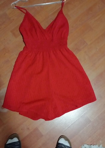 Kırmızı Mini V Yakalı lastikli Tulum - Görsel 3