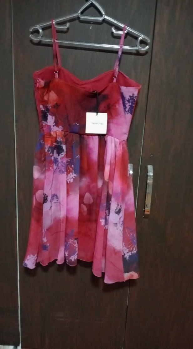 Pembe Midi Straplez Bağlama Desenli Elbise - Görsel 2