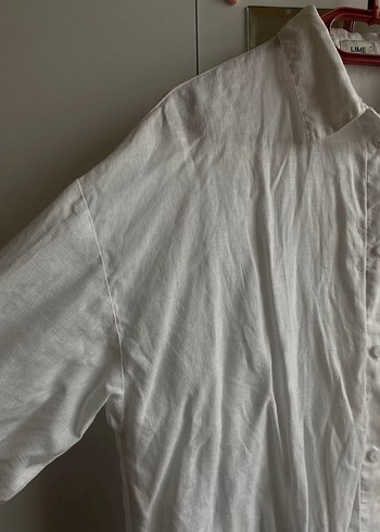 Düğmeli Beyaz Keten Kadın Gömlek - Görsel 2