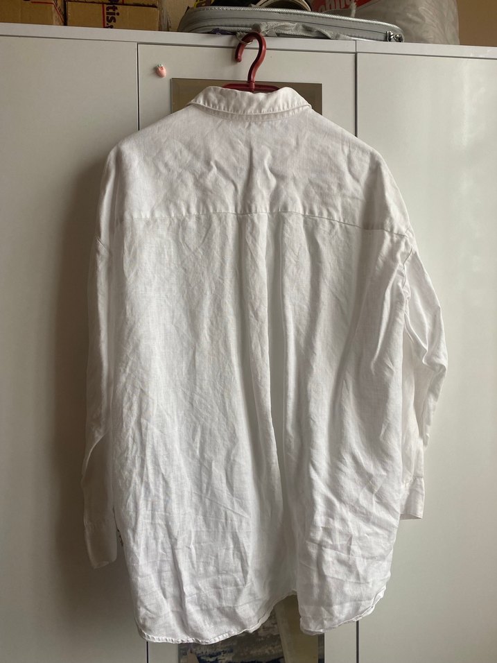 Düğmeli Beyaz Keten Kadın Gömlek - Görsel 3