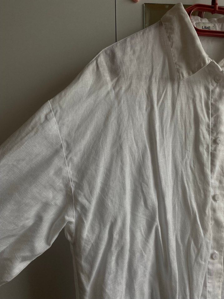 Düğmeli Beyaz Keten Kadın Gömlek - Görsel 2