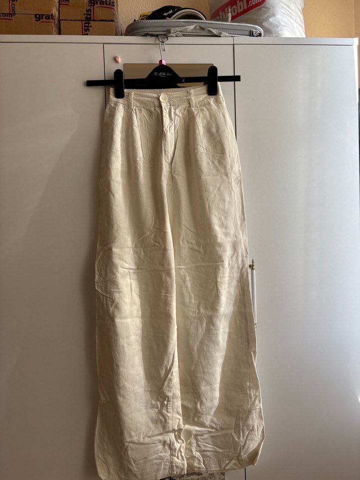 Kadın Beyaz Bol Kesim Keten Pantolon - Görsel 2