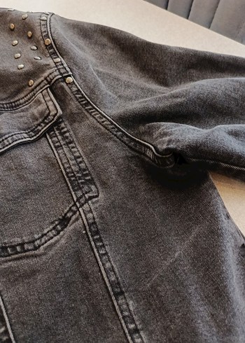 Düğmeli Gri Kadın Denim Ceket - Görsel 2