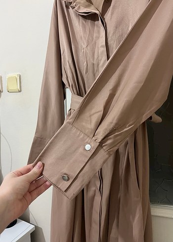 36 Beden camel Renk Bej Uzun Keten Elbise