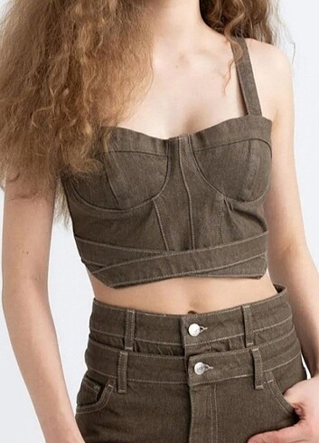 Kalın Askılı Crop Korse Jean Bluz