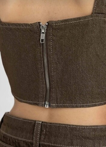 m Beden haki Renk Kalın Askılı Crop Korse Jean Bluz