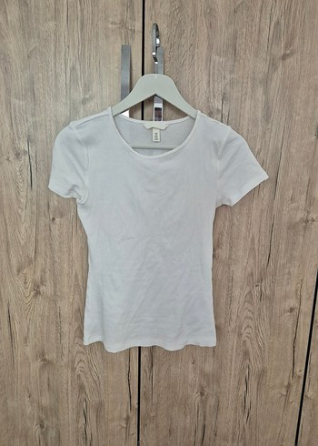H&M beyaz fitilli ribanalı basic tişört