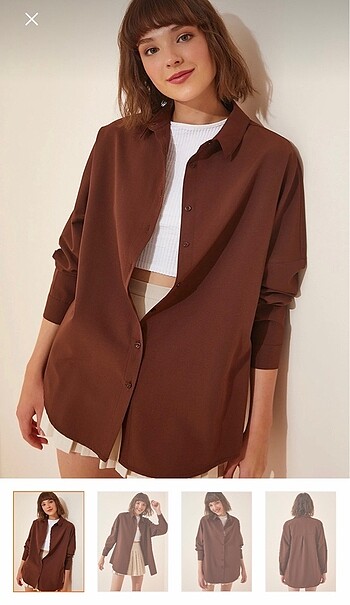 Happiness İstanbul Çikolata oversize uzun basic gömlek