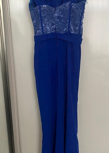 Lacivert Drapeli Uzun Straplez Abiye Elbise - Görsel 2