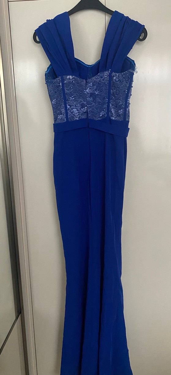 Lacivert Drapeli Uzun Straplez Abiye Elbise - Görsel 2