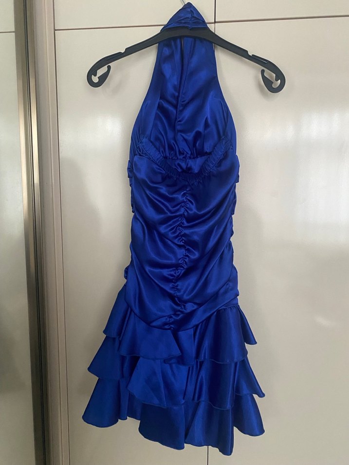 Mavi Mini Halter Yaka Fırfırlı Abiye Elbise - Görsel 2