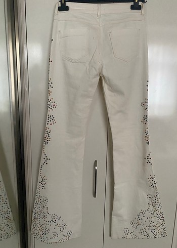 Boncuk İşlemeli Beyaz Bohem Kadın Pantolon - Görsel 2