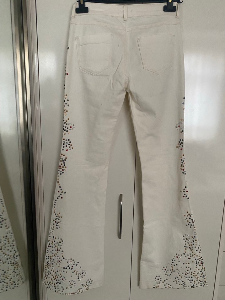 Boncuk İşlemeli Beyaz Bohem Kadın Pantolon - Görsel 2