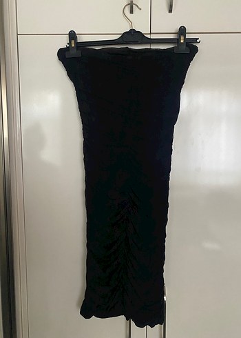 Siyah Tül Detaylı Straplez Uzun Abiye Elbise - Görsel 2