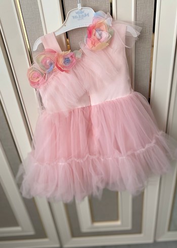 Pembe Çiçekli Fırfırlı Kız Çocuk gelinlik elbise - Görsel 3