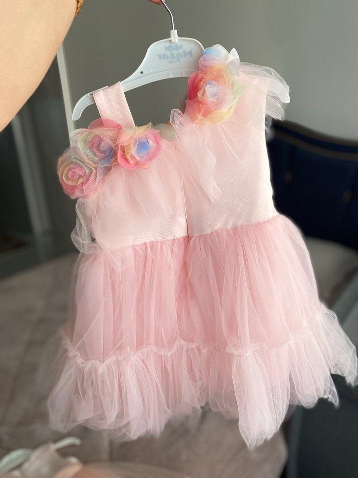Pembe Çiçekli Fırfırlı Kız Çocuk gelinlik elbise - Görsel 2