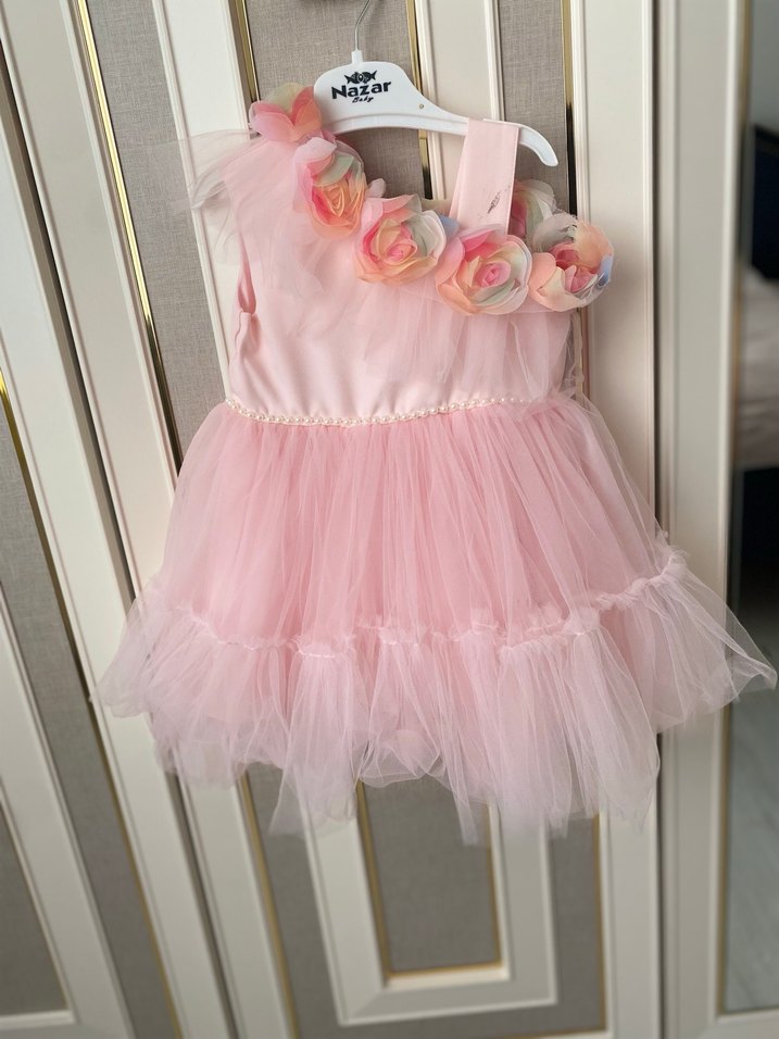 Pembe Çiçekli Fırfırlı Kız Çocuk gelinlik elbise - Görsel 4