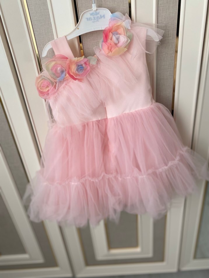 Pembe Çiçekli Fırfırlı Kız Çocuk gelinlik elbise - Görsel 3