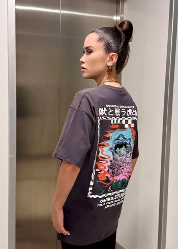 m Beden Gri Baskılı Oversize Kadın Tişört