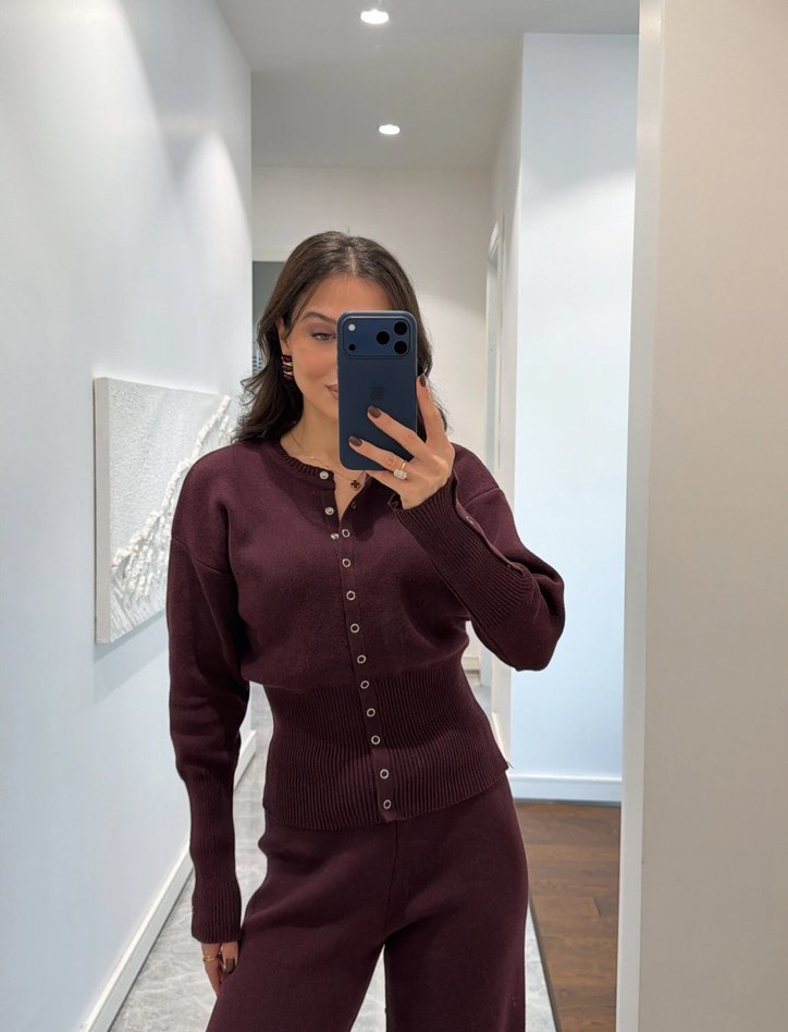 Bordo Düğmeli Yüksek Yakalı Triko Elbise - Görsel 2