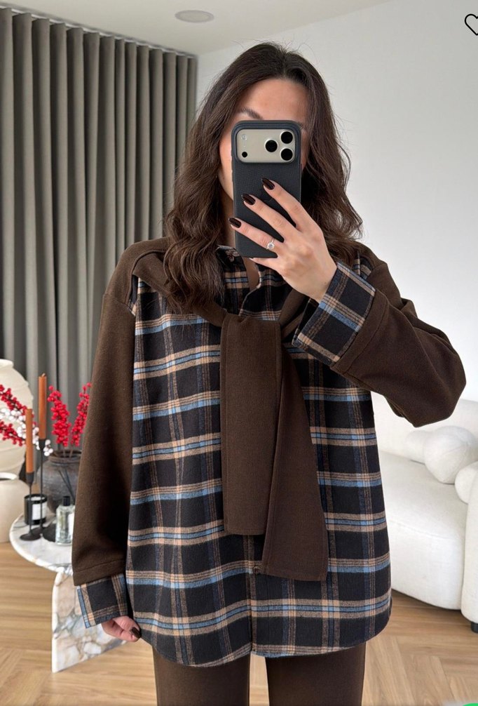 Kahverengi Ekose Desenli Kadın Takım - Görsel 2