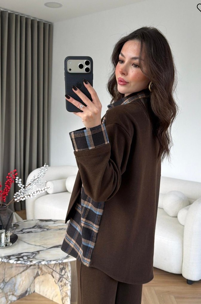 Kahverengi Ekose Desenli Kadın Takım - Görsel 3