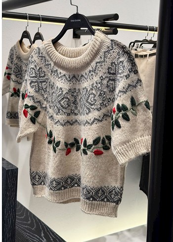 Nakışlı Bohem Kısa Kollu Kadın Triko - Görsel 2