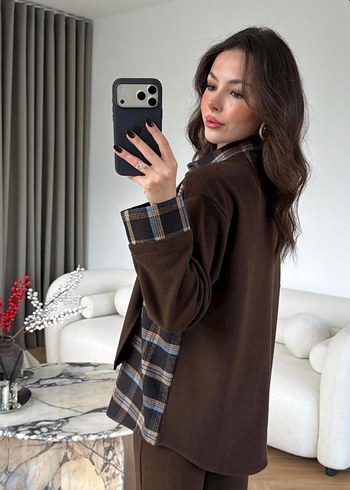 Kahverengi Ekose Desenli Kemerli Kadın Takım - Görsel 3