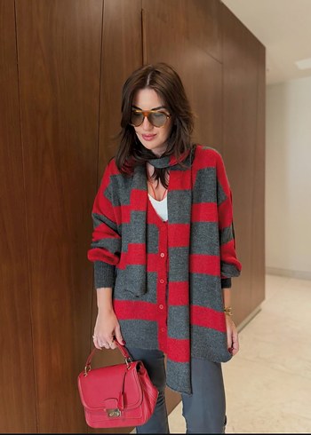 Gri Kırmızı Ekose Örgü Salaş Kadın Hırka - Görsel 4