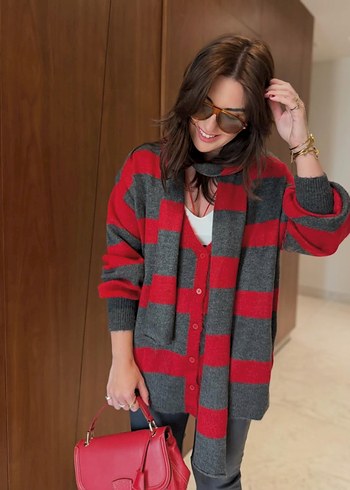 Gri Kırmızı Ekose Örgü Salaş Kadın Hırka - Görsel 3