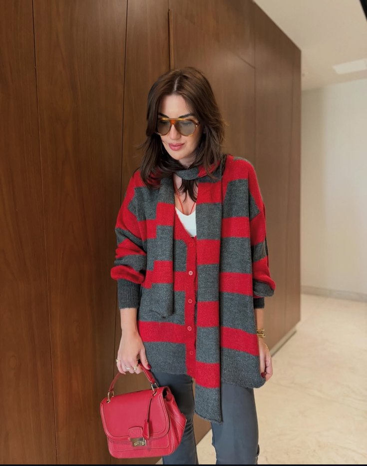 Gri Kırmızı Ekose Örgü Salaş Kadın Hırka - Görsel 4