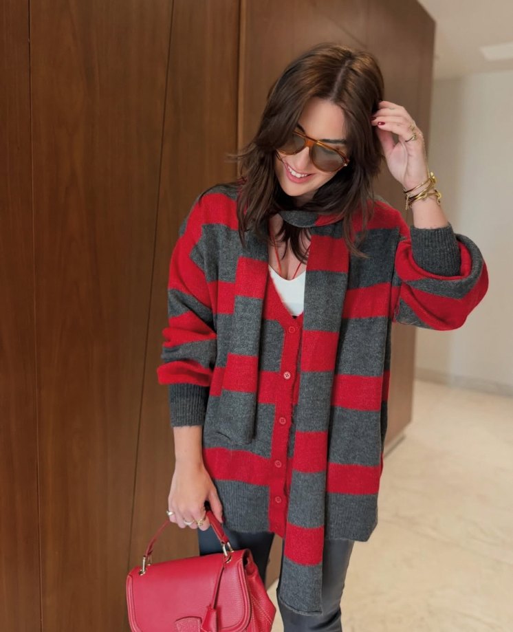 Gri Kırmızı Ekose Örgü Salaş Kadın Hırka - Görsel 3