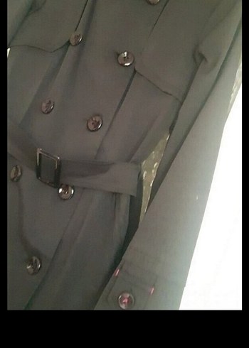 Düğmeli Gri Uzun Kadın Trençkot - Görsel 4