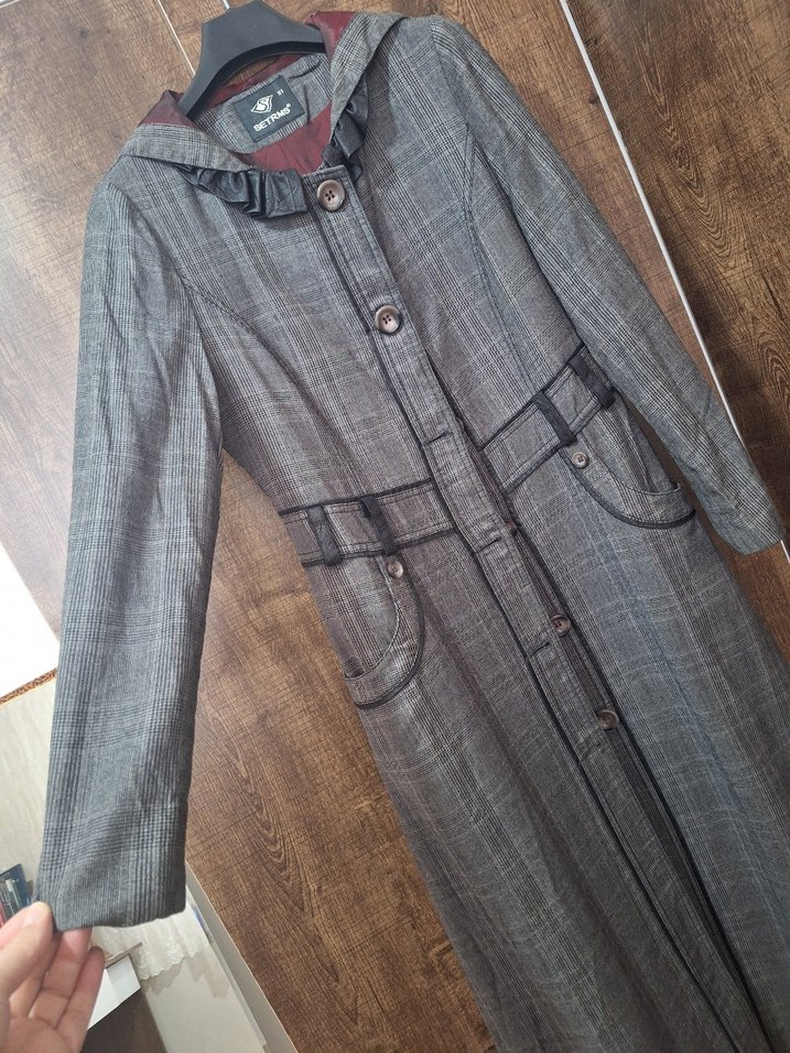 Düğmeli Uzun Gri Kadın pardesü (setrems marka) - Görsel 4