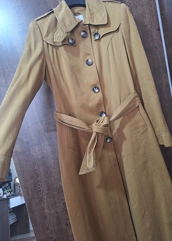 Bej Kadın Keten Kemerli Uzun Trençkot - Görsel 2