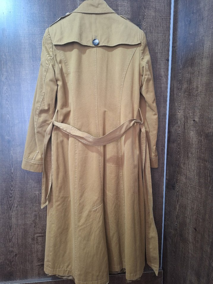 Bej Kadın Keten Kemerli Uzun Trençkot - Görsel 4