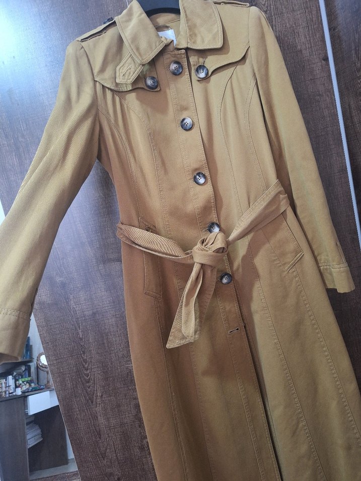 Bej Kadın Keten Kemerli Uzun Trençkot - Görsel 2