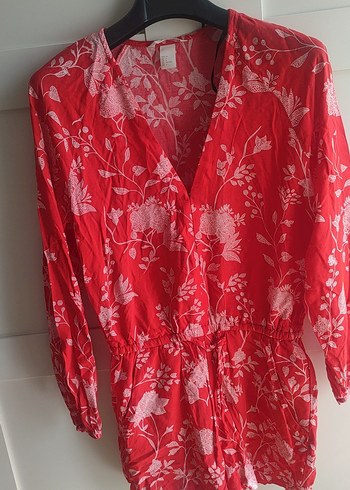 H&M Uzun Kollu Kırmızı Desenli Bohem Tulum
