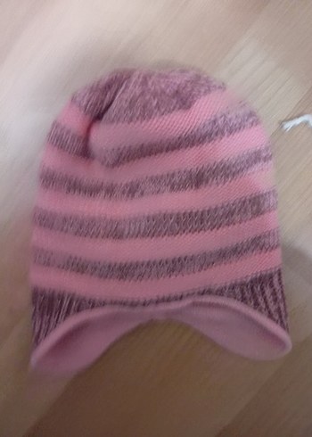6-12 Ay, 18 cm Beden Çocuk Pembe Çizgili Örgü Bere