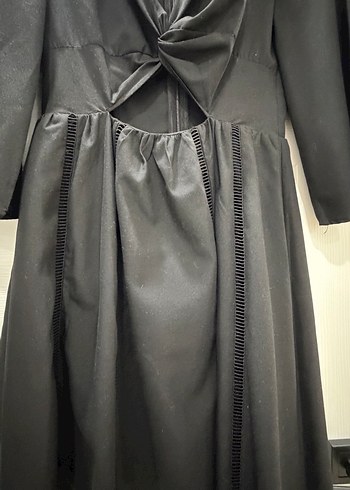 Drapeli Siyah Uzun Göbek Detaylı  Ofis Elbisesi - Görsel 2